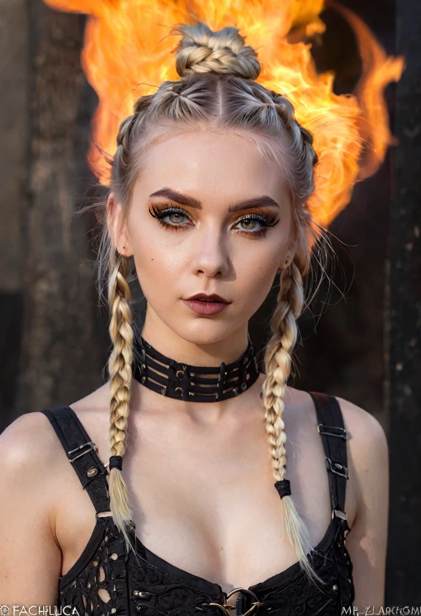 rim lighting, (upper body portrait:1.2), gorgeous cute skinny pale (MF) woman,blond long hair waving in the wind, braids, buns, goth girl, goth clothes, eye makeup, perfect symmetrical face, small breasts, dynamic pose, looking into the camera, fire blaze, fractal background, apocalyptica, raw color photo, perfectly photorealistic, incredibly detailed, 8k, UHD, 50mm photography, sfw