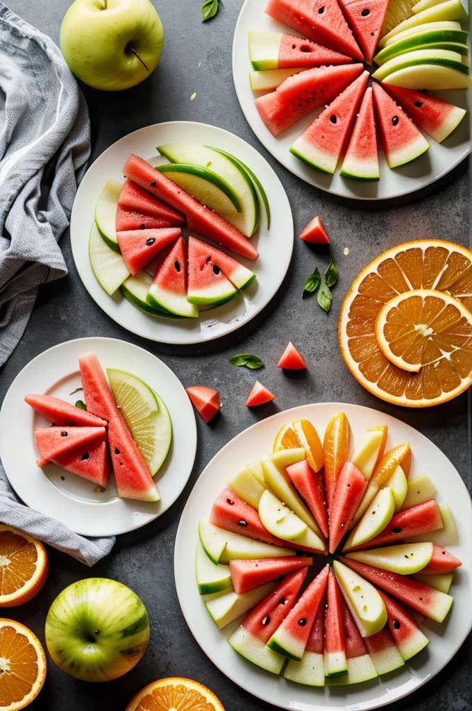 Make bon apeti slices of watermelon,honeydew,apple and orange in on plate