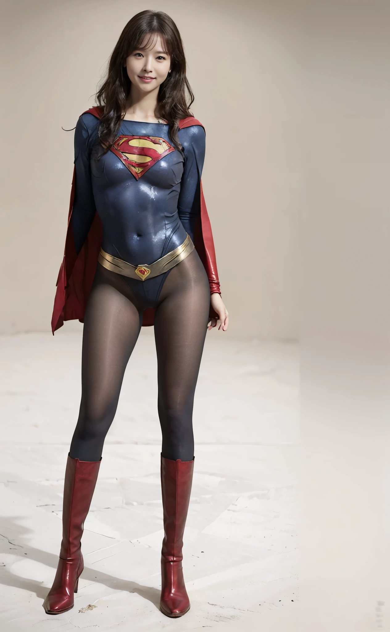 No background、(((Beautiful legs in black tights.)))、(((Legally express the beauty of your smile)))、((((Make the most of your original images)))、(((Supergirl Costume)))、(((Beautiful very short hair)))、(((suffering)))、(((Please wear black tights....、Wear red boots)))、((Best image quality、8K))、((Highest quality、8K、masterpiece:1.3))、(((Preserve background )))、Sharp focus:1.2、Beautiful woman with perfect figure:1.4、Slim Abs:1.2、Wet body:1.5、Highly detailed face and skin texture、8K