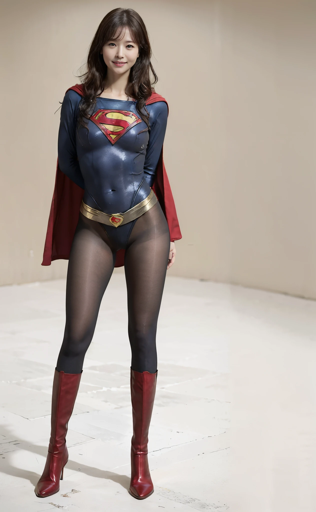No background、(((Beautiful legs in black tights.)))、(((Legally express the beauty of your smile)))、((((Make the most of your original images)))、(((Supergirl Costume)))、(((Beautiful very short hair)))、(((suffering)))、(((Please wear black tights....、Wear red boots)))、((Best image quality、8K))、((Highest quality、8K、masterpiece:1.3))、(((Preserve background )))、Sharp focus:1.2、Beautiful woman with perfect figure:1.4、Slim Abs:1.2、Wet body:1.5、Highly detailed face and skin texture、8K