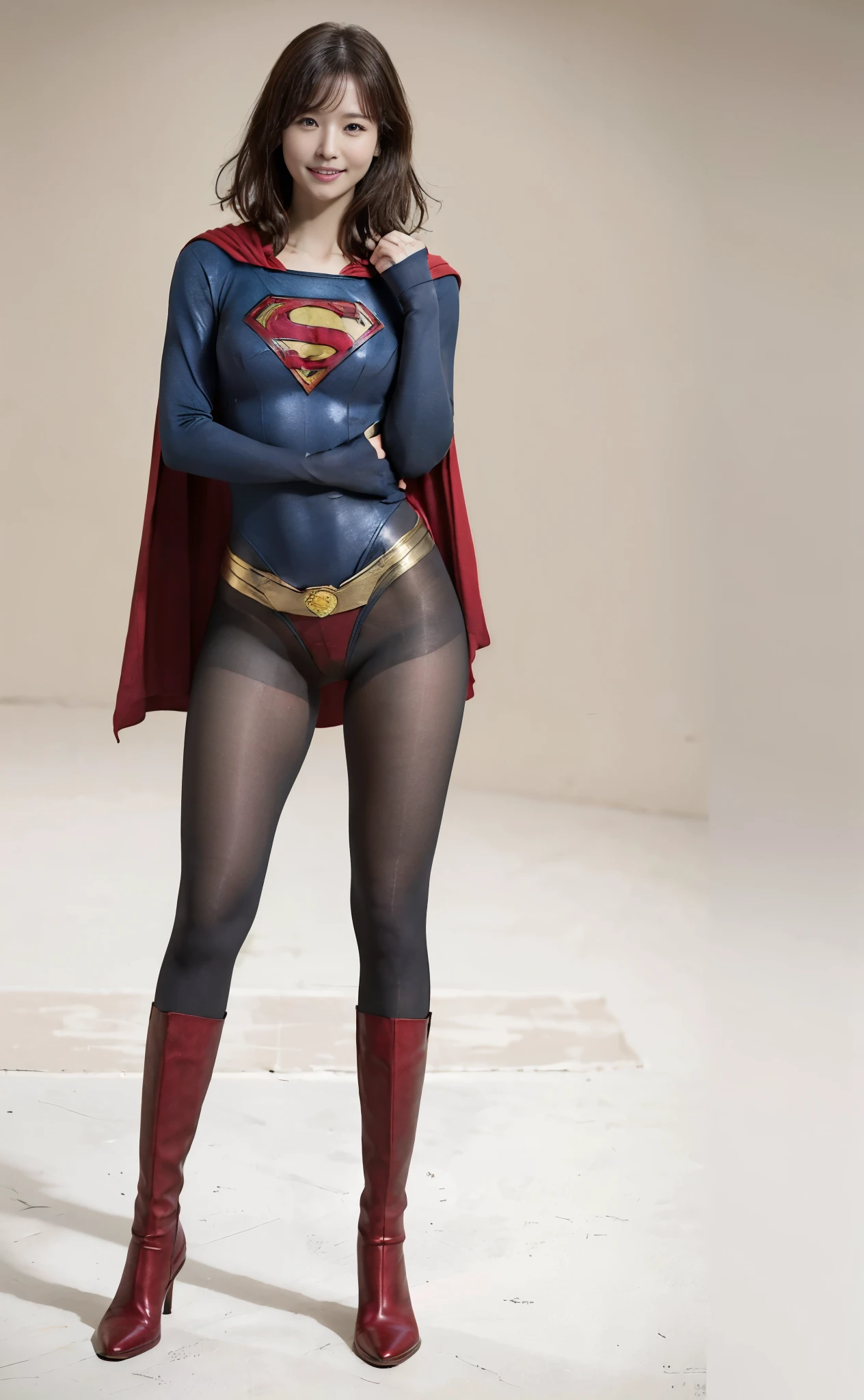 No background、(((Beautiful legs in black tights.)))、(((Legally express the beauty of your smile)))、((((Make the most of your original images)))、(((Supergirl Costume)))、(((Beautiful very short hair)))、(((suffering)))、(((Please wear black tights....、Wear red boots)))、((Best image quality、8K))、((Highest quality、8K、masterpiece:1.3))、(((Preserve background )))、Sharp focus:1.2、Beautiful woman with perfect figure:1.4、Slim Abs:1.2、Wet body:1.5、Highly detailed face and skin texture、8K