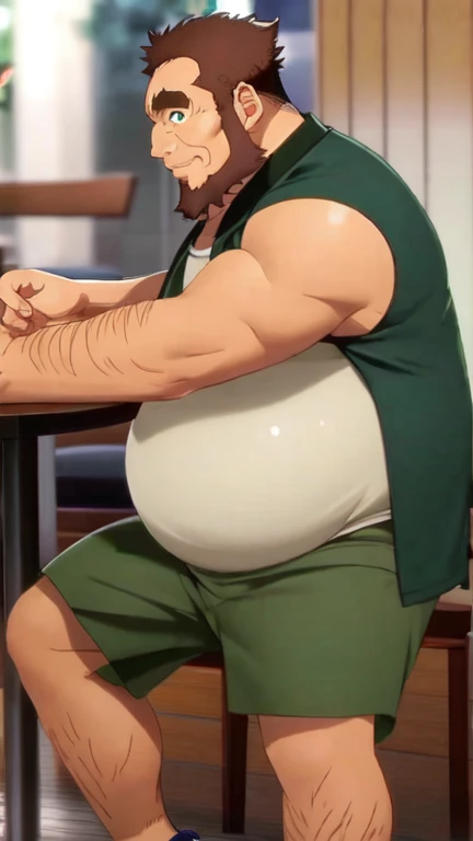 umiyan, guden gousuke, old man, sitting at table, restaurant, full body, embarrassed, white undershirt, green jacket, sandals, green shorts, bare legs, sweaty, parted lips, best quality, brown hair, fat man, masterpiece, extremely detailed, sideburns, green eyes, facial hair, body hair, beard, thick eyebrows, fat belly, round belly, plump belly, big belly, thick arms, broad shoulders, hands on belly, heavy breathing, blushing 