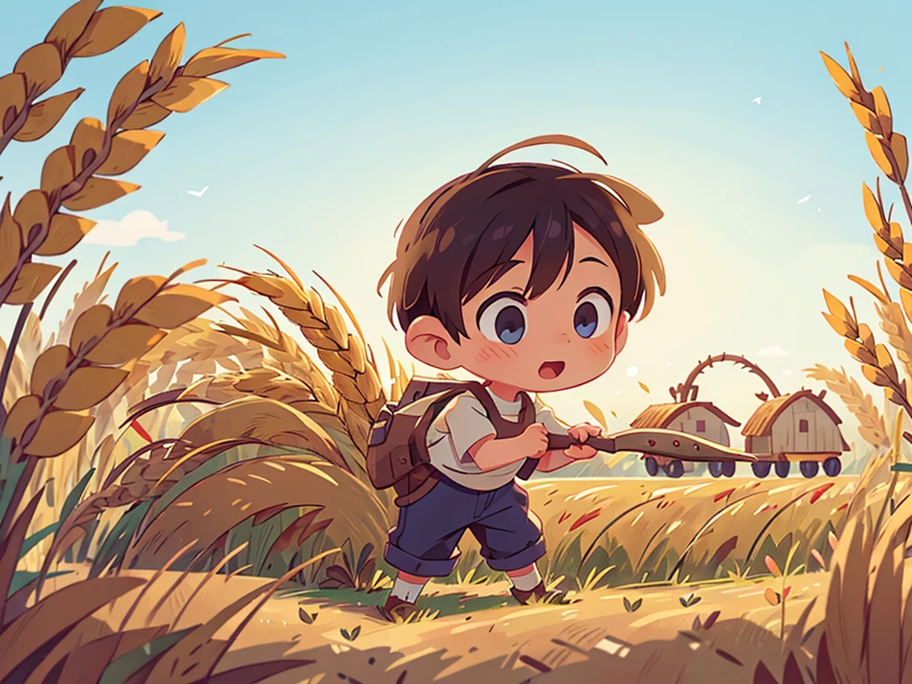 A  is holding a sickle and bending over to harvest golden wheat in the wheat field