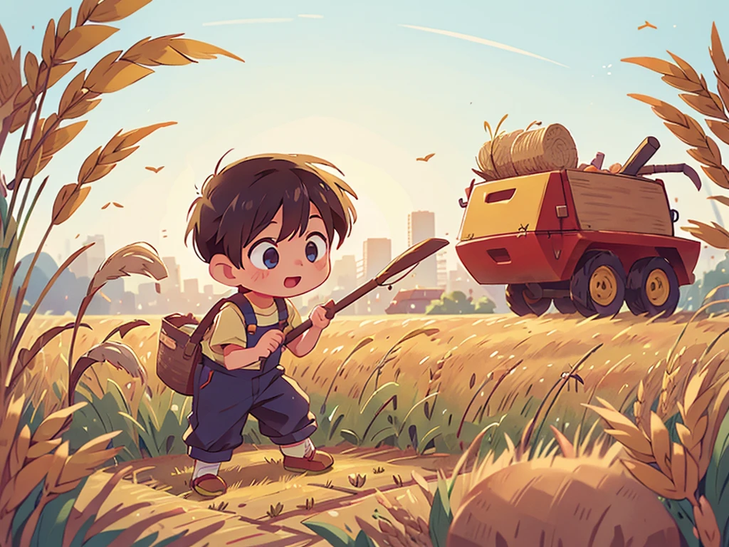 A little boy is holding a sickle and bending over to harvest golden wheat in the wheat field