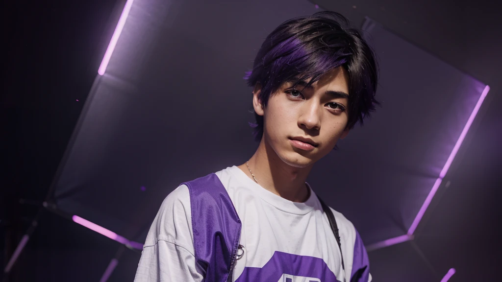 I wanted an anime boy using the color purple on a background with purple rays