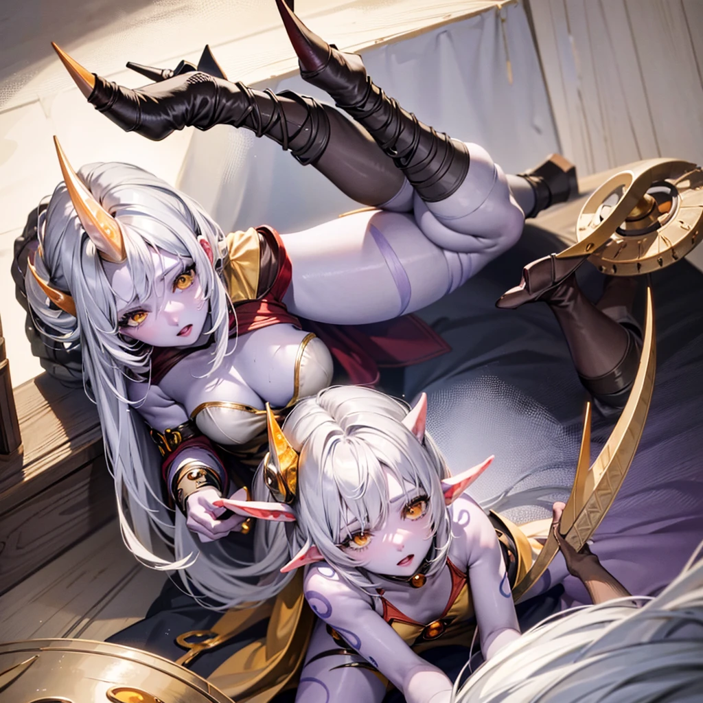 2d, masterpiece, best quality, anime, highly detailed face, soft lighting, soraka, purple skin, 1girl, full body, hooves, colored skin