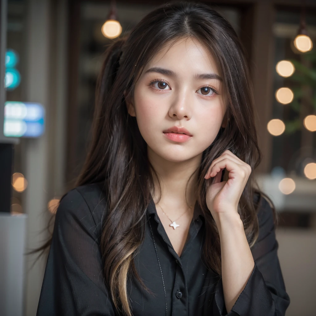 (8K, RAW photo, highest quality, High resolution:1.1), (hyperrealistic:1.4),(realistic, photorealistic:1.3), soft light,realistic face,realistic body,realistic skin,disorganized,masterpiece,(cute:1.8), 17 years old, baby face, Beautiful big breasts,(long hair,ponytail,blond hair),(big:1.2),fine black eyes,innocent eyes,droopy eyes,Watery eye,open lips,blush,good style,colorful lights,film Grain,,look viewer,full Body,,young,85mm lens, f/ 1.4,professional lighting,portrait,photon mapping,radio city,Physically based rendering,japanese girl,, wearing black abaya hijab