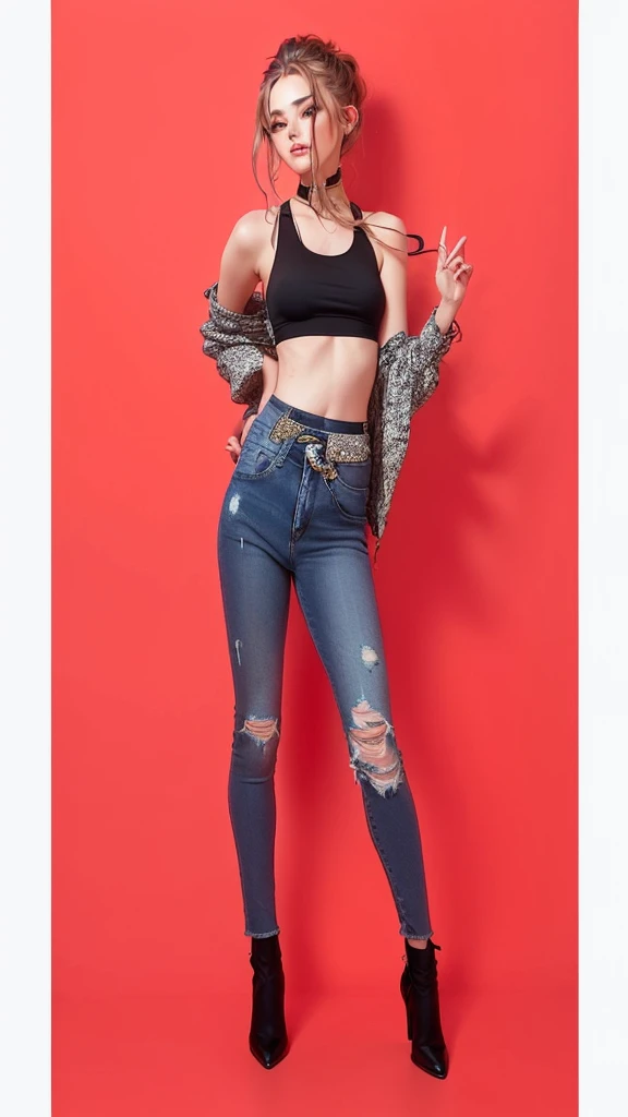 a woman in a black top and Jeans posing for a picture, ripped Jeans, Jeans, blue Jeans, Torn clothing, ( ( ( wearing Jeans ) ) ), Jeans pants, Casual pose, Jeans-Hotpants, Full body photo shoot, denim Jeans, wearing Jeans, Full body image, Clothing photography, mode pose, Casual Clothing, Full body action pose, Model-Shooting