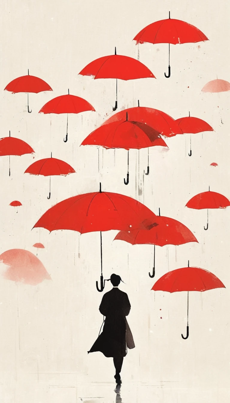 simple，Minimalist illustration，1pcs red umbrella-suspended in the air，solitary figure