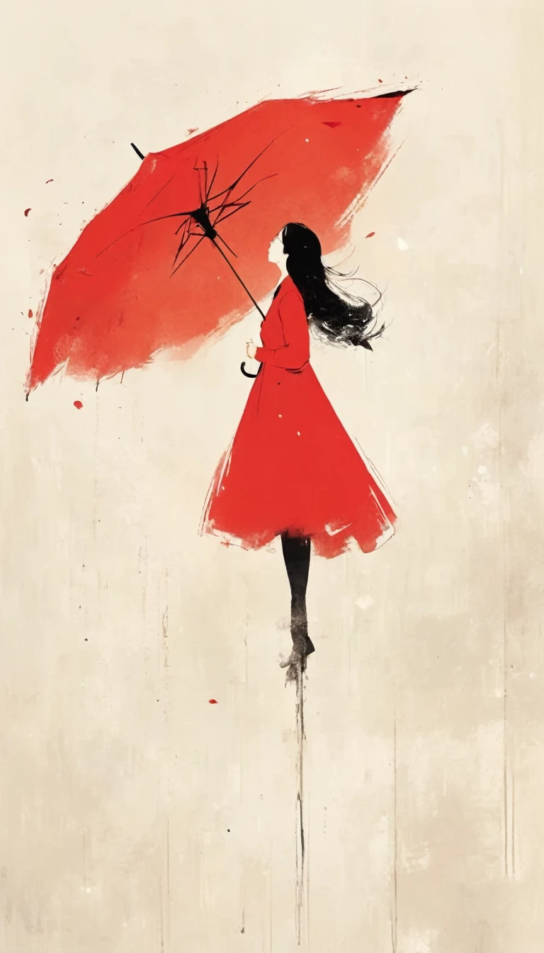 simple，Minimalist illustration，1pcs red umbrella-suspended in the air，solitary figure