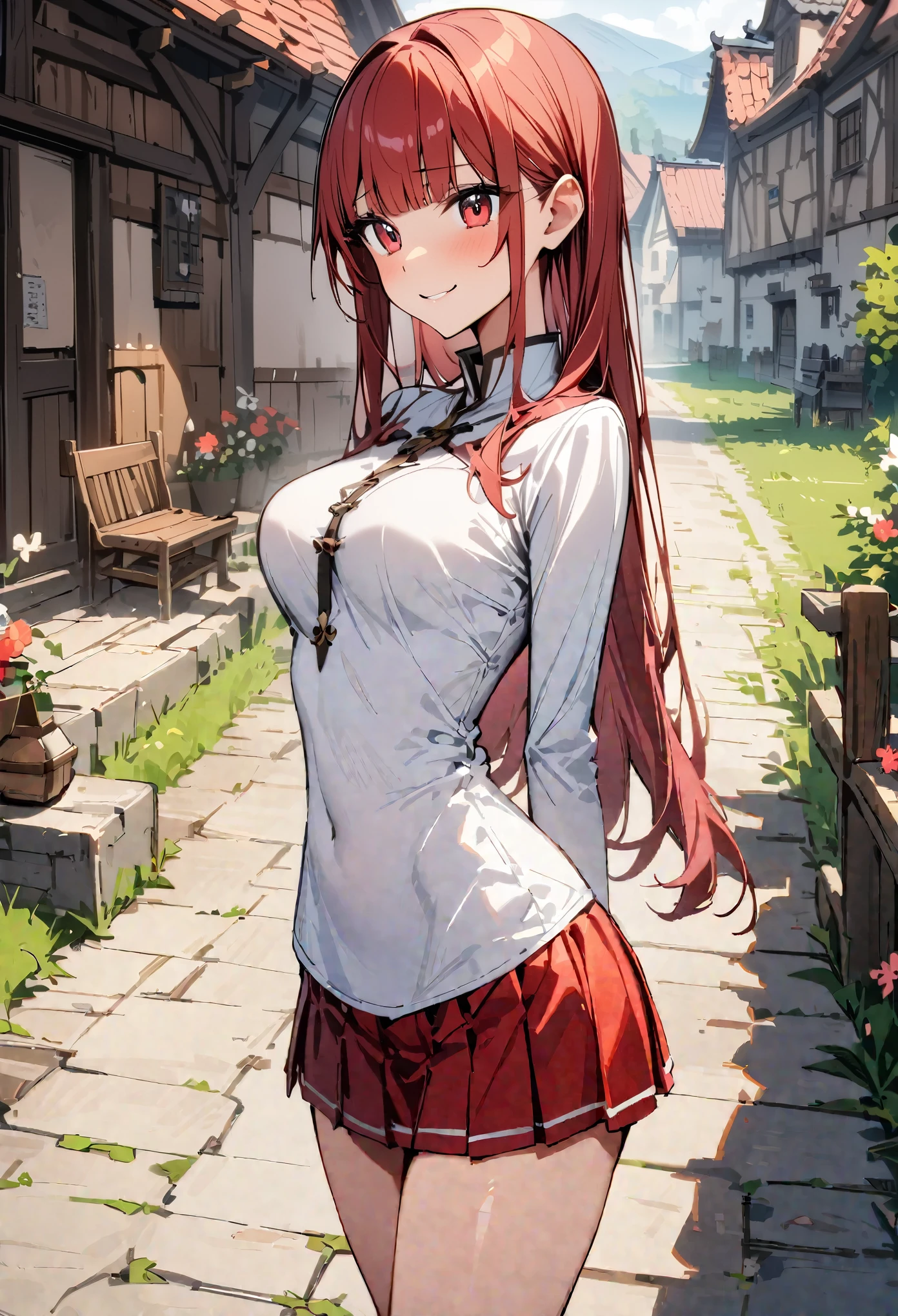 ((masterpiece,Highest quality:1.3)),1woman,30 year old beauty,独奏,((very small head:1.3)),red hair,long hair,blunt bangs,red eyes,gorgeous eyes,shy,smile,medium breasts,((very long body:1.2)),((toned body,slender body,)),skinny,gleaming skin,shiny skin,((Red pleated mini skirt)),(White Henley Shirt、Long sleeve),((Red mini skirt))、rural area、sunny、Medieval Europe、
