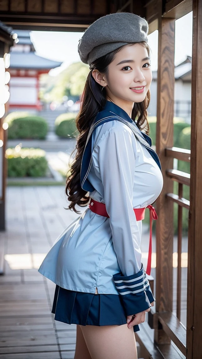 mix4, (16 K, Raw photography, Top image quality, ​masterpiece: 1.45), (realisitic, Photorealsitic: 1.37), one girls, 7．5, etc、Random hairstyle、Standing figure，Noon time slot、a very cute, Precincts of the shrine,stone stairs, profetional lighting, photon maping, a park、physically-based renderingt, Gradient dark brown hair,, a handsome, Well-groomed and beautiful eyes、Large double eyelids、Very shiny、girl with, (((student clothes、Long sleeve sailor suit worn by Japan schoolgirl、red cuffs、Dark blue mini skirt, Small gray beret、Dark blue knee-high socks、Black loafers))), Top Quality Photos, hight resolution, 1080p, (clearface), (Detailed face description), (Detailed hand description), (​masterpiece), (Exquisite CG)、extreme light and shadows、dishevled hair、master work、abundant detail、(Fine facial features)、(top quality photo)、(masuter piece)、(A detailed eye)、Look in front of you、Fine clavicle、((Slender big))、(((Japan  in long-sleeved sailor suit)))、((Ready Idol System))、((Precincts of the shrine、torii gate、Tesuisha、Komainu))、(Shooting from random perspectives)、(((Anyway cute)))、耳Nipple Ring、A big smile、Drawing the whole body from the knees、Do not draw nasolabial folds、(((Long-sleeved sailor suit)))、(Big breasts that hang down big:1.2)、Big buttocks with tension、Two arms and two legs、(((from the front side:1.1)))、bare hand、No mask、