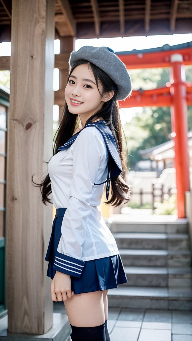mix4, (16 K, Raw photography, Top image quality, masterpiece: 1.45), (realisitic, Photorealsitic: 1.37), one girls, 7.5, etc、Random hairstyle、Standing figure,Noon time slot、a very cute, Precincts of the shrine,stone stairs, profetional lighting, photon maping, a park、physically-based renderingt, Gradient dark brown hair,, a handsome, Well-groomed and beautiful eyes、Large double eyelids、Very shiny、girl with, (((student clothes、Long sleeve sailor suit worn by Japan girl、red cuffs、Dark blue mini skirt, Small gray beret、Dark blue knee-high socks、Black loafers))), Top Quality Photos, hight resolution, 1080p, (clearface), (Detailed face description), (Detailed hand description), (masterpiece), (Exquisite CG)、extreme light and shadows、dishevled hair、master work、abundant detail、(Fine facial features)、(top quality photo)、(masuter piece)、(A detailed eye)、Look in front of you、Fine clavicle、((Slender big))、(((Japan in long-sleeved sailor suit)))、((Ready Idol System))、((Precincts of the shrine、torii gate、Tesuisha、Komainu))、(Shooting from random perspectives)、(((Anyway cute)))、耳Nipple Ring、A big smile、Drawing the whole body from the knees、Do not draw nasolabial folds、(((Long-sleeved sailor suit)))、(Big breasts that hang down big:1.2)、Big buttocks with tension、Two arms and two legs、(((from the front side:1.1)))、bare hand、No mask、