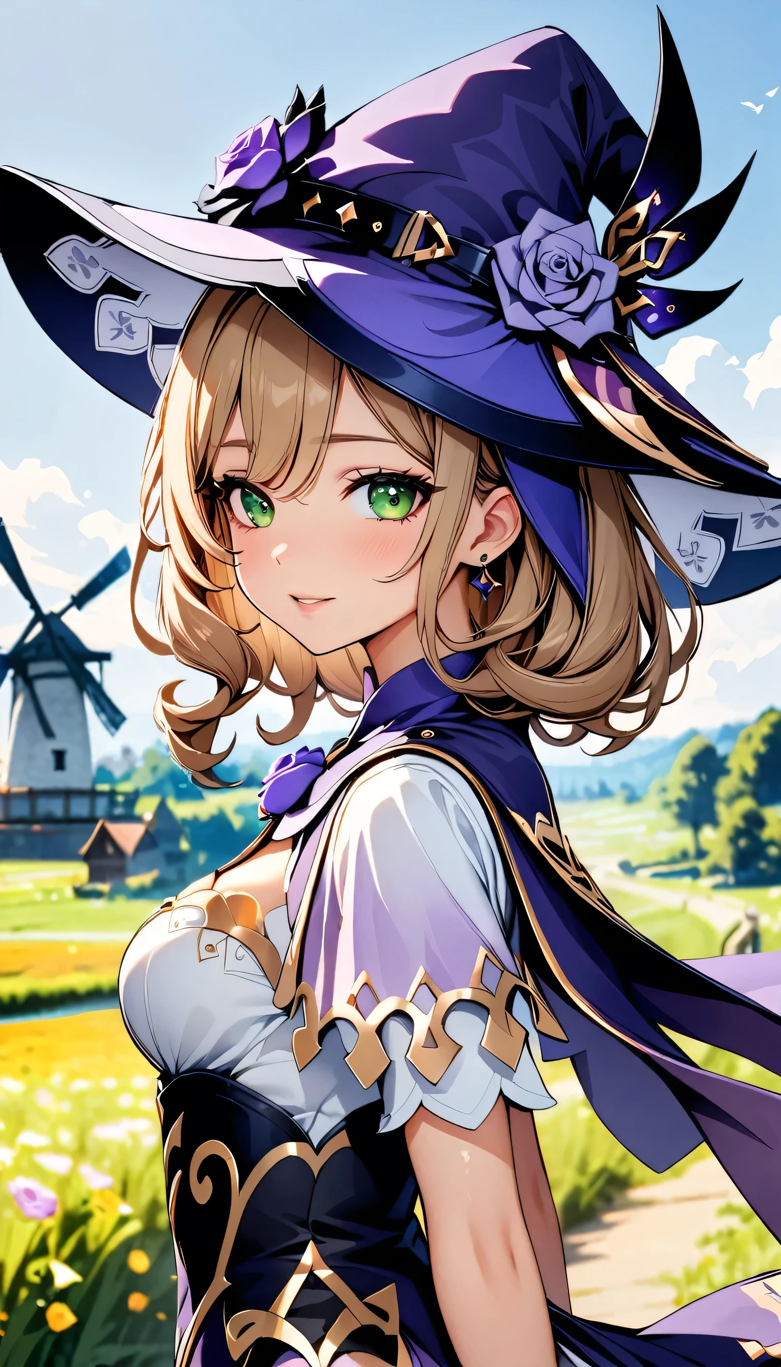 Beautiful girl, Perfect Face, Arms at your sides, masterpiece, Ultra-high resolution, high quality, 4K, Upper Body:1.5, Lisa (Genshin Impact), urple witch hat, Green Eyes, Brown Hair, bangs, dress, Rose, jewelry, witch, Capelet, Purple hat, Black gloves, Purple Flower, Hair between the eyes, purple Rose, Part your lips, purple Capelet, Hat Flower, multicolored dress, hair ornaments, windmill, From the side,