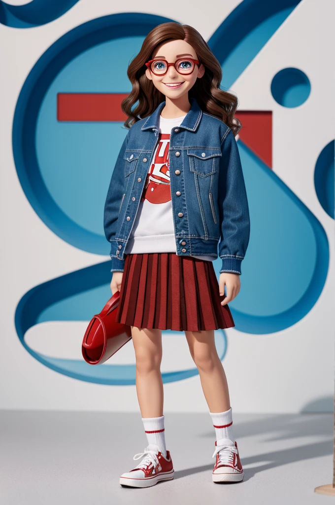 DOWNLOAD Curt mening character... Inside Out, disney pixar style,3d, very tiny,with ER 68 long wavy brown hair, heat denim pleated skirt, red al star sneakers, red american football style jacket, with happy face, blue skin 2.431 clara, Round Red Glasses, white background 8k quality