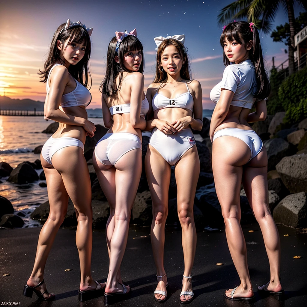 ((ExtremelyDetailed (12 PUNIPUNI KAWAII Girls in a row:1.37) in WHITE at Dusk Enoshima Beach)), (masterpiece 8K TopQuality) (ProfessionalPhoto:1.37), {(Standing Full Body:1.2)|(from below:1.2)}, Different types of hair colors, {Tight skinny((SchoolSwimwear))Ass visible through thighs|SchoolUniform [with Thongs]}, {Detailed BabyLike hand|Hidden hand|ArmpitPeek|DAKINAKURA|Different types of breast|ButtCrack}, Joyful Expressions LifeLike Rendering, PerfectLighting, Dazzling RainbowColorHorizon, (RainbowParticles:1.32) starry stars