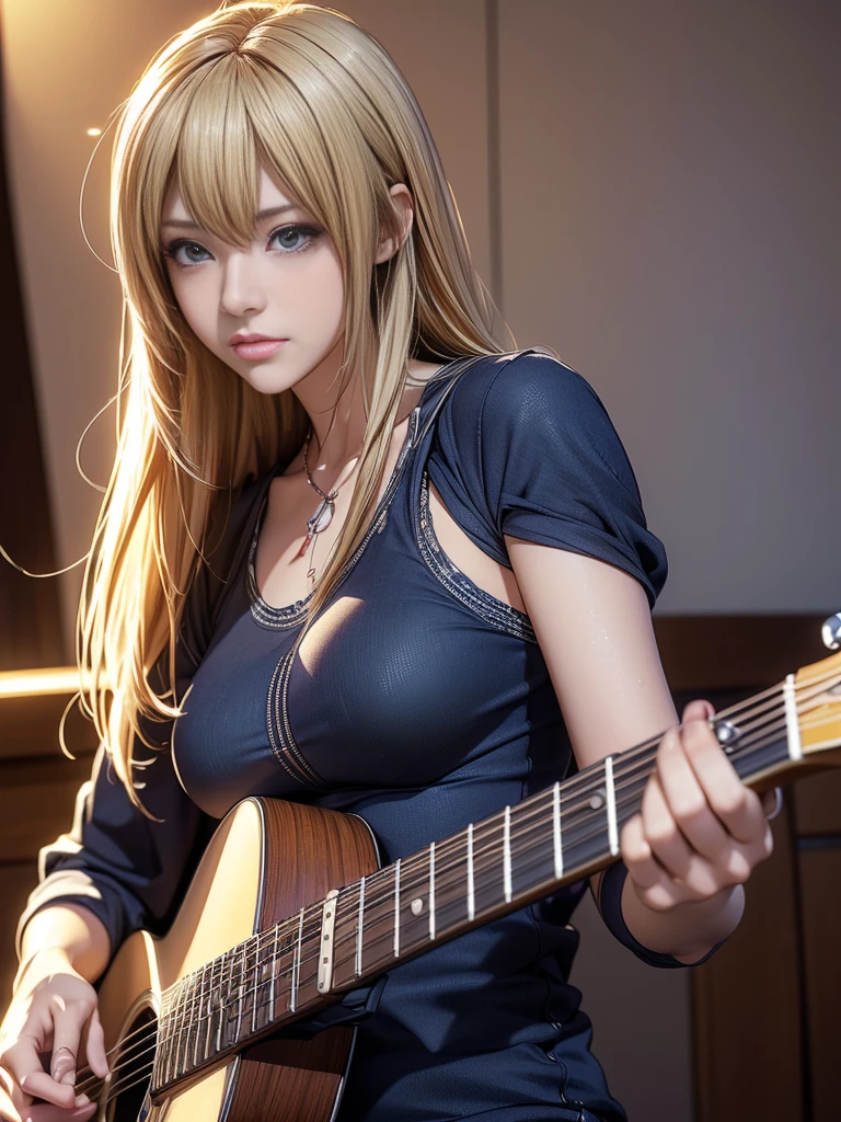 (Highest quality,4K,8K,High resolution,Tabletop:1.2), Very detailed, (Realistic,photoRealistic,photo-Realistic:1.37), ((whole body)),rage, Unfortunately,((Blonde)), ((Long Hair)),Black camisole, Damaged denim jeans,necklace,((play the guitar)),((Sing a song)),Beautiful and detailed, Beautiful lip detail, Very detailed目と顔, Long eyelashes, Realistic anime 3D style, Smooth anime CG art, Digital rendering by Makoto Shinkai, Moe anime art style, photoRealistic rendering of an anime girl, Shinkai Makoto style, Cute anime girl visuals, Realistic young anime girl, Girl Fanart, Works by anime artists'Studio.