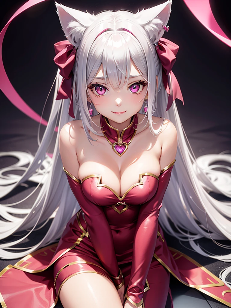 Silver hair, pink eyes, body, cat ears, sexy girl, earrings, background fantasy, red pink dress uniform, hair bows, sit down, happy face