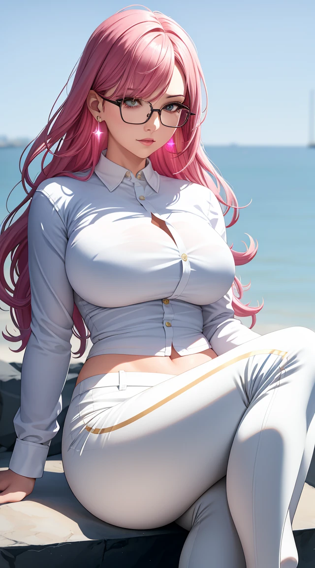 (Highest quality:1.5, High resolution, 超High resolution, 4K, Detailed lighting, Shaders), Pink wavy hair, Gradient Hair, Large Breasts, White open shirt, long sleeve pants, Mature woman with glasses, (throw), White Background, Colorful eyeshadow, Dramatic lighting, Sparkling eyes, Sensual expression, Gold earrings, Flowing Hair, Delicate facial features, Soft and glowing skin, high cheekbones, urban environment, White Background, Sitting on a rockfish with legs wide open), Move the rendering position up