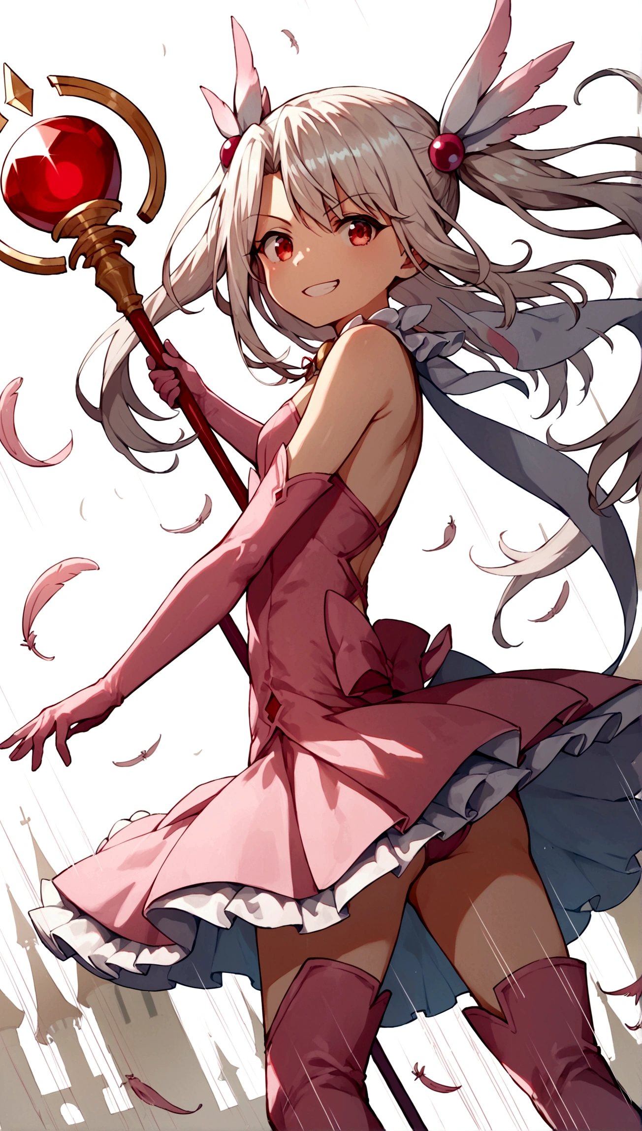(score_9,score_8_up,score_7_up),(cowboy shot),looking at viewer,1girl,loli,illyasviel von einzbern,fate \(series\),white hair,red eyes,long hair,twin tails,hair ornament,feathers,pink dress,elbow gloves,magic girl,pink thigh Boots,standing,simple background,white background,serious grin,standing,holding rubystaff,mansion,((flying)),(dynamic angle,speed line,motion lines),