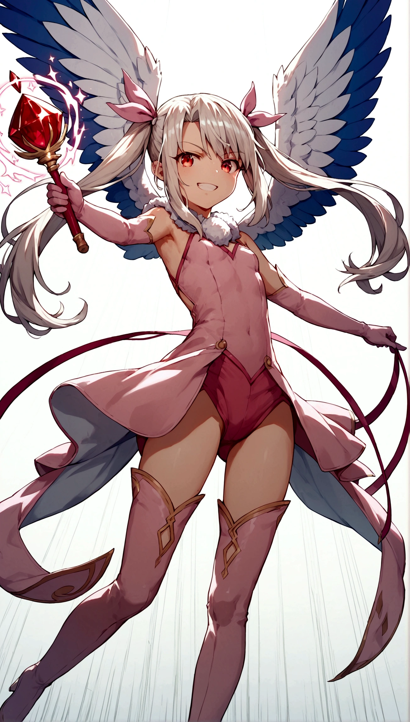 (score_9,score_8_up,score_7_up),(cowboy shot),looking at viewer,1girl,loli,illyasviel von einzbern,fate \(series\),white hair,red eyes,long hair,twin tails,hair ornament,feathers,pink dress,elbow gloves,magic girl,pink thigh Boots,standing,simple background,white background,serious grin,standing,holding rubystaff,mansion,((flying)),(dynamic angle,speed line,motion lines),