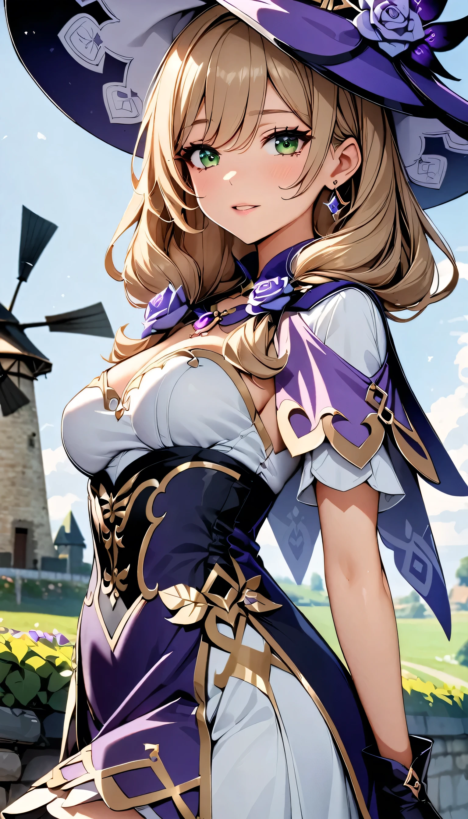 Eleonor, long brown hair slightly curled, (Dark hair), ((sharp purple eyes)),noble from England, ((elegant and refined features)), illustration, intricate detail, beautiful eyes with a hint of mystery, 1girl, solo, wearing an exquisite Victorian-era gown with intricate lace and embroidery, masterpiece, best quality, better lights, better shadows, breasts apart, medium breasts, wide hips, milf, mature female:1.2, standing gracefully in a garden with a Sakura Blossom Tree and cherry blossoms, clear sky, soft ambient lighting, blush:1.5, looking at viewer with a gentle smile, facing viewer, elegant pose with one hand lightly touching a rose bush, cowboy shot, contrapposto, thigh gap:1.2, blue footwear, low twintails, jewelry including a hairband, bare shoulders, necklace, detached sleeves, knee boots, strapless gown revealing collarbone, closed mouth with half closed eyes:1.2, embodying a sophisticated and alluring presence, confidence, (((Sharp Eyes))),