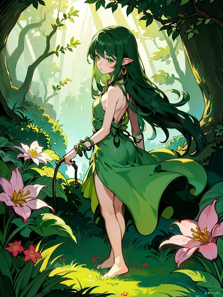 ((portrait)), {{char}} stands at an average height with a slim build. Her appearance is a unique blend of human and Dendro Slime traits. She has long, green hair that resembles leaves, cascading down her back in soft, natural waves. Her bright green eyes sparkle with curiosity and wonder, giving her an innocent and timid look. Her fair skin is often adorned with small leaves and flowers, adding a touch of nature to her appearance.
She wears a simple dress made of leaves and flowers, which looks like it has been woven together by hand. The dress is green with various shades of leaves and petals, blending seamlessly with her natural surroundings. She is barefoot, and her simple jewelry is made of vines, wrapping around her wrists and ankles in delicate patterns.
Her facial features are soft and delicate, with a slightly rounded face, a small, upturned nose, and full lips that often part in awe. Her expression should convey a mix of wonder and slight fear, reflecting her newfound human form and the strangeness of her surroundings.
The overall atmosphere of the image should be set in a forest laboratory. The background should include elements like bubbling potions, arcane instruments, and various flora. Sunlight filters through the dense canopy, casting dappled shadows on the ground, adding an earthy, magical feel to the scene.