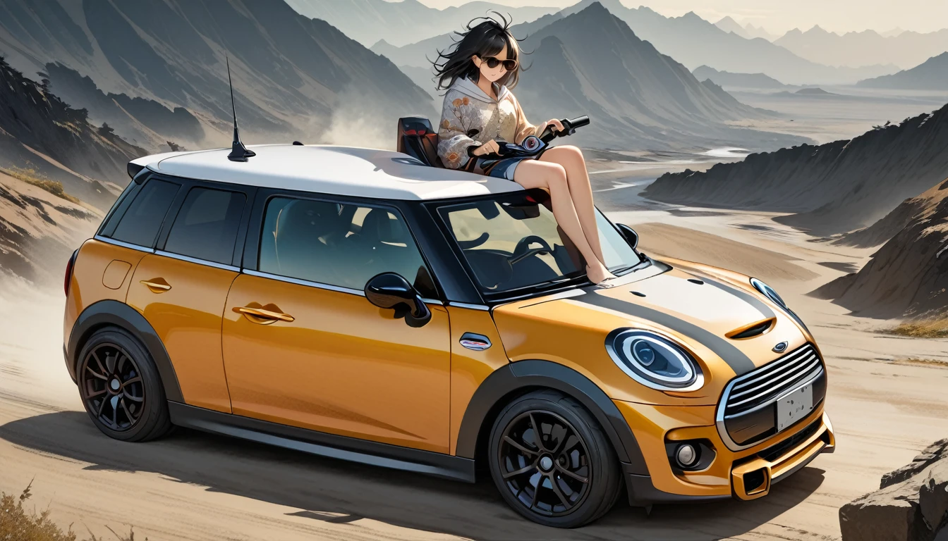 ((8k of extremely detailed CG unit, Masterpiece, high resolution, highest quality, highest quality real texture skin)), (wearing Japanese pattern headphones), ((1 girl)), (((Driving a Mini Cooper))), (((sunglasses))), (Japanese pattern hoodie, Japanese-style shorts), (Black hair, messy hair, beige skin), (surreal, digital painting)