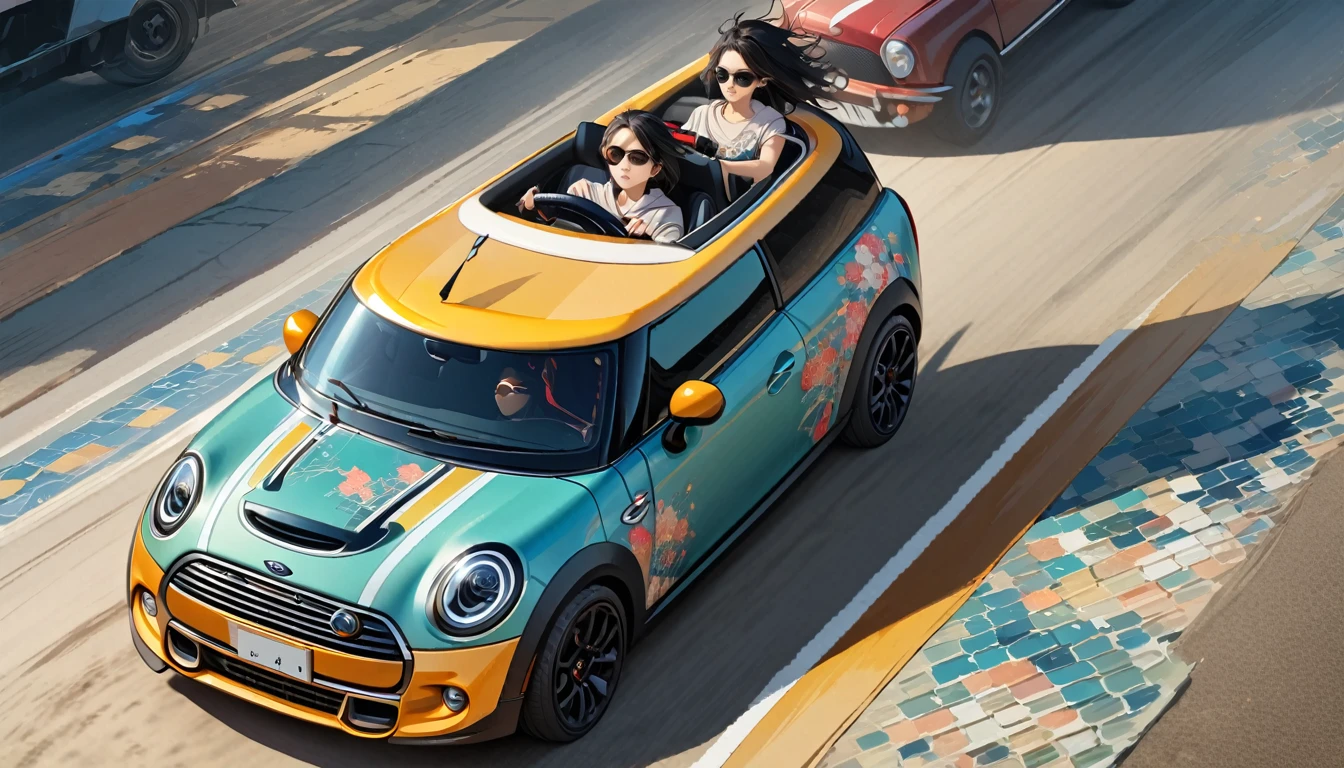 ((8k of extremely detailed CG unit, Masterpiece, high resolution, highest quality, highest quality real texture skin)), (wearing Japanese pattern headphones), ((1 girl)), (((Driving a Mini Cooper))), (((sunglasses))), (Japanese pattern hoodie, Japanese-style shorts), (Black hair, messy hair, beige skin), (surreal, digital painting)