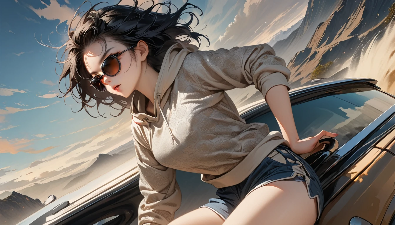((8k of extremely detailed CG unit, Masterpiece, high resolution, highest quality, highest quality real texture skin)), (wearing Japanese pattern headphones), ((1 girl)), (((Driving a Mini Cooper))), (((sunglasses))), (Japanese pattern hoodie, Japanese-style shorts), (Black hair, messy hair, beige skin), (surreal, digital painting)