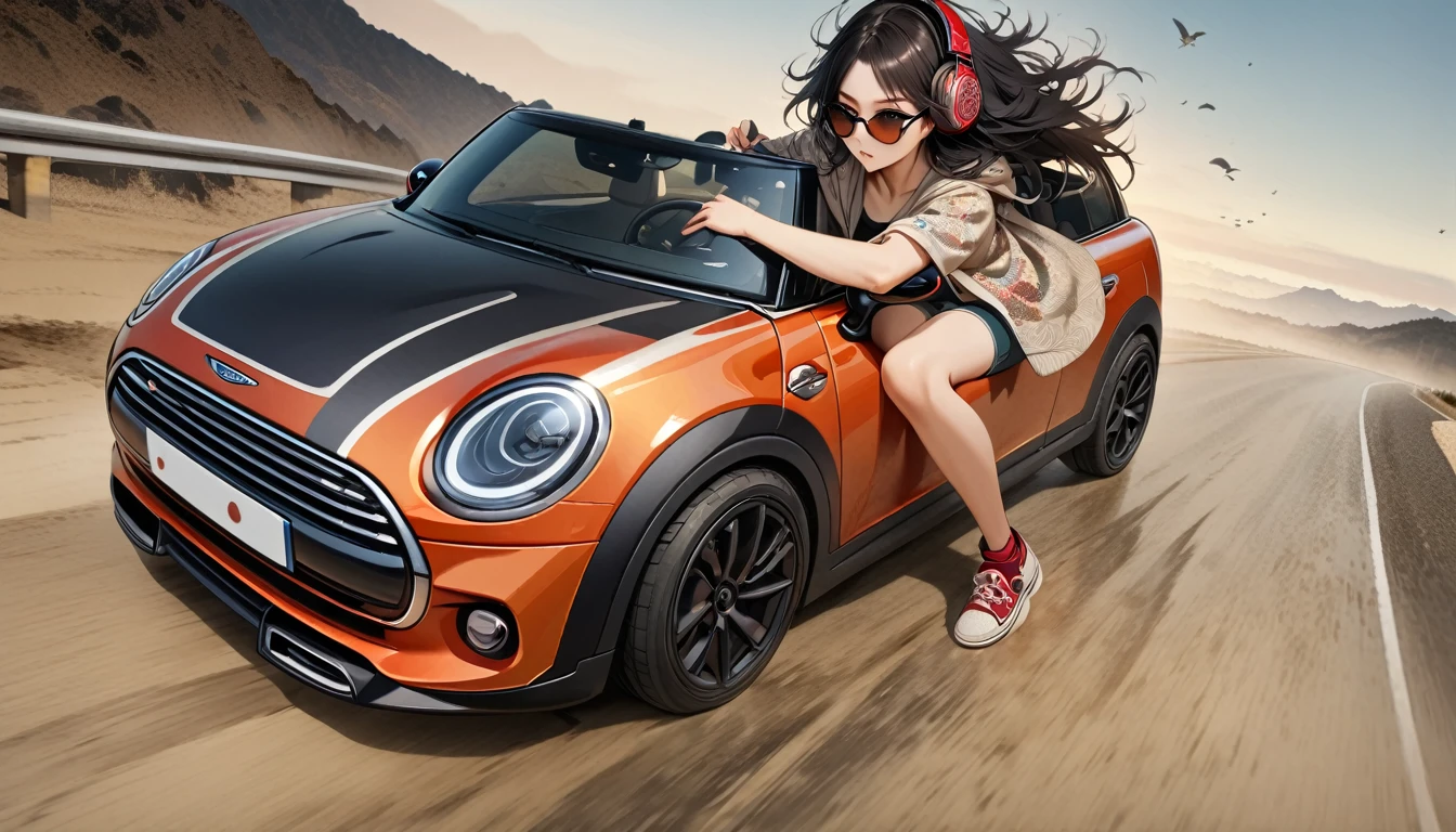 ((8k of extremely detailed CG unit, Masterpiece, high resolution, highest quality, highest quality real texture skin)), (wearing Japanese pattern headphones), ((1 girl)), (((Driving a Mini Cooper))), (((sunglasses))), (Japanese pattern hoodie, Japanese-style shorts), (Black hair, messy hair, beige skin), (surreal, digital painting)