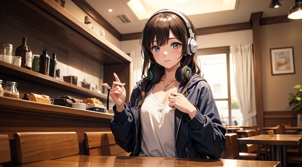 Girl with headphones enjoying music in a cafe　I am studying　Emphasize a little bit of the chest