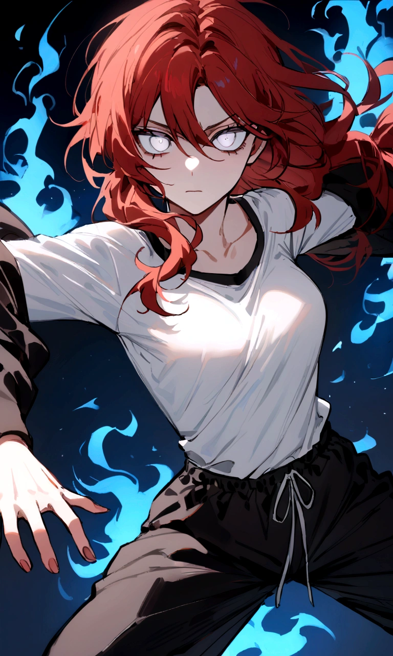 make me a female, 22 years old, red long messy hair,white eyes, she's blind, body tattoos, white tight shirt and baggy black sweatpants, emotionless face, she's fighting, blue fire powers