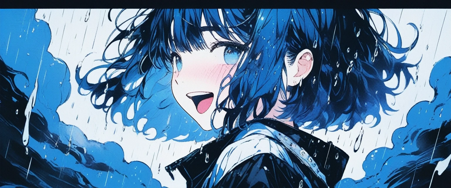 Illustrator, anime , Realistic ,sketch , smile、Laughing with your mouth open、Abstract rain on background、1 girl, ,lip, ,order, Black gradient background, Blue Hair,Short Bob、blackｔshirt、Textured Trim, Canadian, (masterpiece,Highest quality) Cancer
