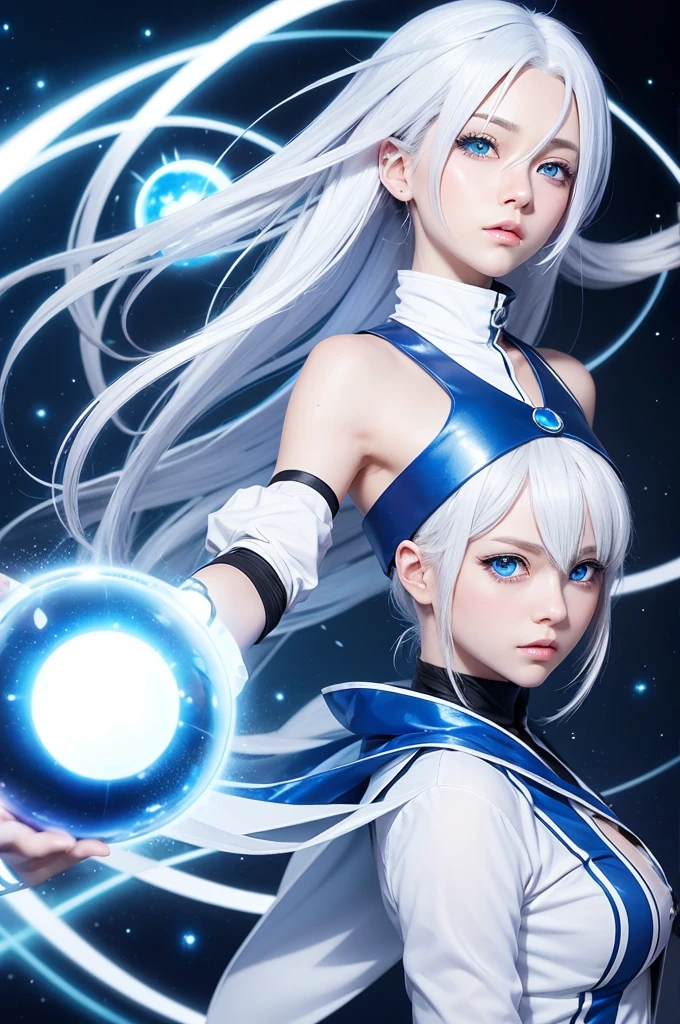 In anime style, make a character with blue eyes and white hair with an energy ball on one side and a blue ball on the other side.
