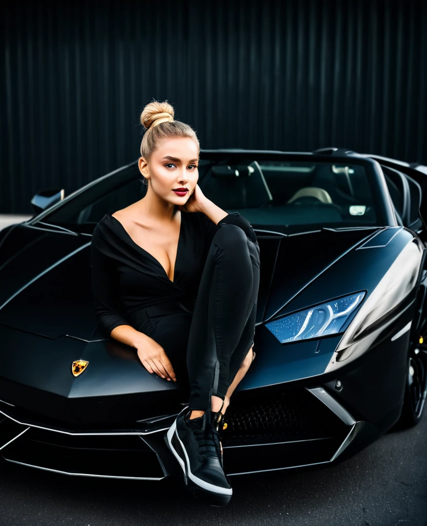 an eye contact of a blond with bun hair and dark theme , sit on Lamborghini car black car , stylish pose
