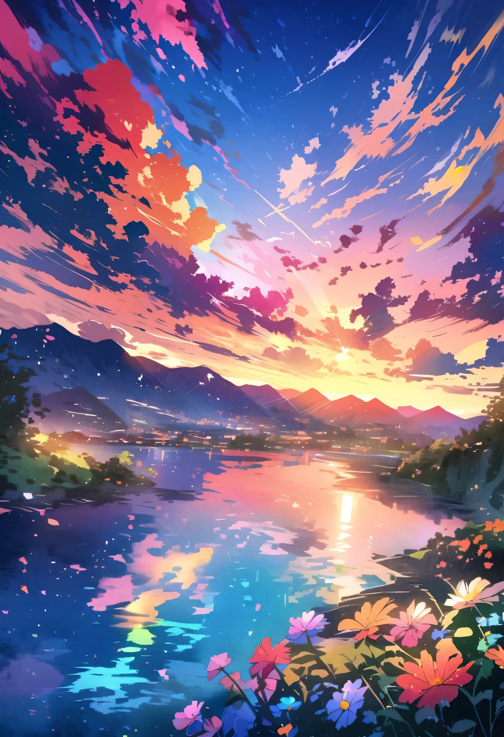 Have a beautiful sunset, The hills are covered with flowers and plants., The flowers are approaching, Colorful sky, Surreal colors, Colorful sunset, Colorful sky, Beautiful sky reflection, Beautiful sky, Fantastic atmosphere 8K, Multicolored clouds, Colored reflections on the lake, Unreal sky, Red and blue reflections, Fire Reflection, Beautiful sky, Beautiful and spectacular sunset, Beautiful dream landscape, Beautiful sky