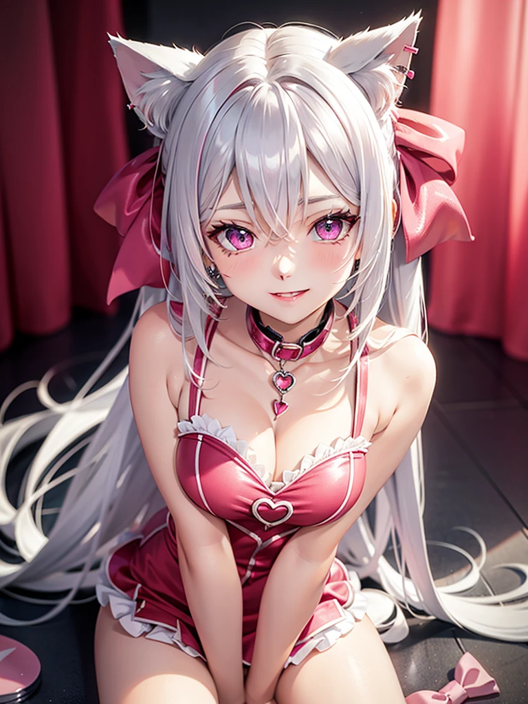 Silver hair, pink eyes, body, cat ears, sexy girl, earrings, background fantasy, red pink uniform, hair bows, sit down, happy face