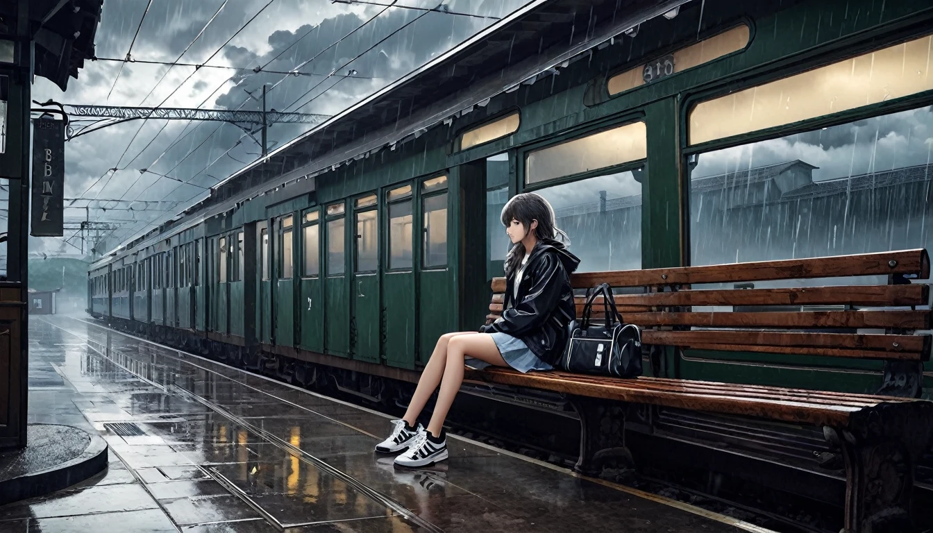 Ultra high definition photo. The sky is cloudy and full of dark clouds. It's dark like a place where it's going to rain. At an old train station, a girl sits lonely on her bench.
Her hair is flying. She girl is wearing bb sneakers. The back compartment of the train is visible. side shot of girl