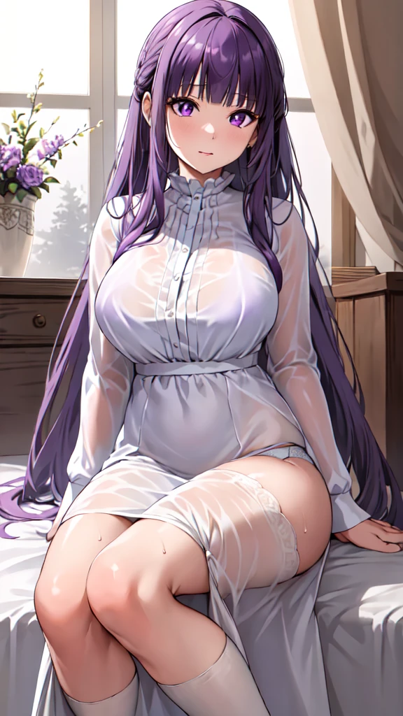 masterpiece, Highest quality, High resolution, Arfern, Long Hair, Purple Hair, Blunt bangs, Purple eyes, Large Breasts, Long dress, White Dress, Long sleeve, Sitting,arms behind head,wet cloth, Bedroom,(Puffing one's cheeks), Cowboy Shot,(See-through:1.0),(Underwear standing:1.2)