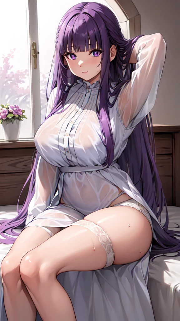 masterpiece, Highest quality, High resolution, Arfern, Long Hair, Purple Hair, Blunt bangs, Purple eyes, Large Breasts, Long dress, White Dress, Long sleeve, Sitting,arms behind head,wet cloth, Bedroom,(Puffing one's cheeks), Cowboy Shot,(See-through:1.0),(Underwear standing:1.2)