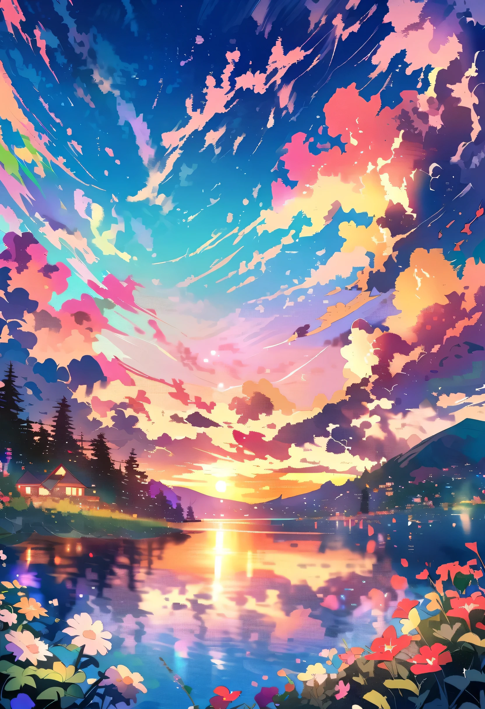 Have a beautiful sunset, The hills are covered with flowers and plants., The flowers are approaching, Colorful sky, Surreal colors, Colorful sunset, Colorful sky, Beautiful sky reflection, Beautiful sky, Fantastic atmosphere 8K, Multicolored clouds, Colored reflections on the lake, Unreal sky, Red and blue reflections, Fire Reflection, Beautiful sky, Beautiful and spectacular sunset, Beautiful dream landscape, Beautiful sky