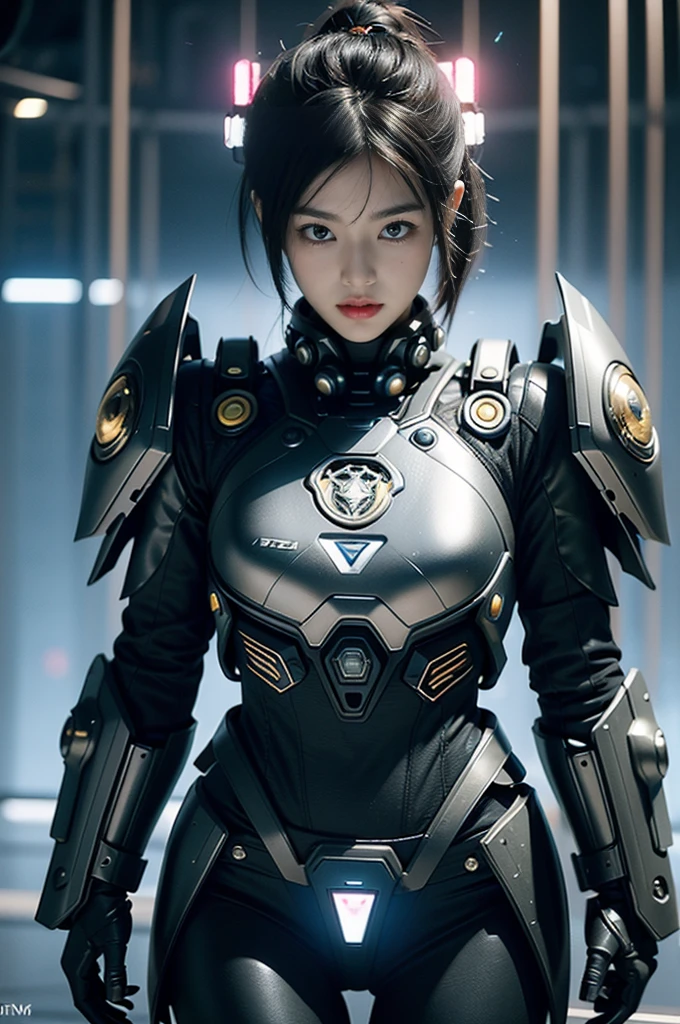 Game Art，Best image quality，Maximum resolution，8K，((A bust photo))，((portrait))，(Rule of Thirds)，Unreal Engine 5 rendering works， (Future girl)，(Female Warrior)， 22-year-old young hacker)，(Oriental hairstyle)，(Beautiful eyes full of details)，(Large Breasts)，(Eyeshadow)，Elegant and charming，indifferent，((frown))，(Combat suit full of futuristic technology，This costume combines futuristic power armor and，Clothing is decorated with glittering patterns and emblems)，Cyberpunk Characters，in the style of futuristic， lamp，Ray Tracing，Game CG，((3D Unreal Engine))，OC rendering reflection mode