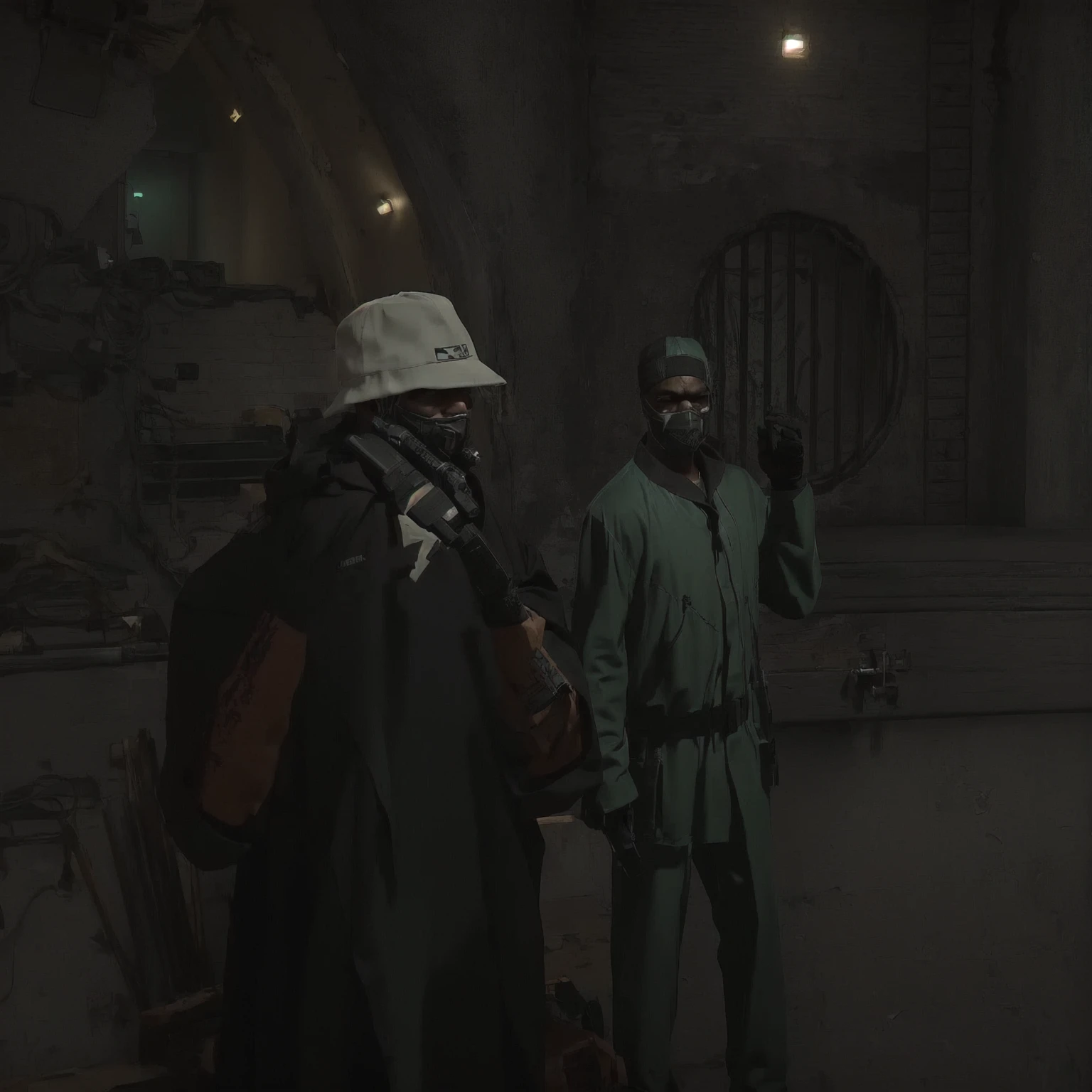 there are two men in masks standing in a dark room, inside a gang hideout, gta v character, in game, gta character, in gta v, cyberpunk street goon, medium shot of two characters, in - game, in-game, ferred - themed robes and hat, gta5 style, screenshot from gta v, prison scene, the plaguefather