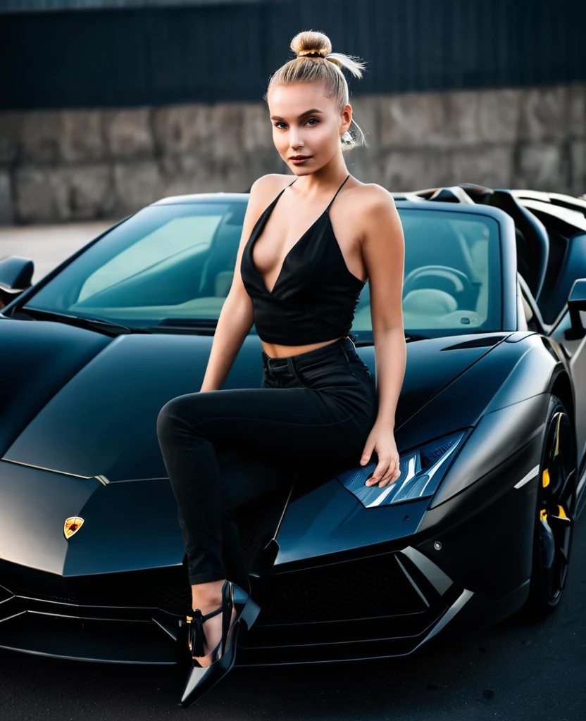 an eye contact of a blond with bun hair and dark theme , sit on Lamborghini car black car , stylish pose