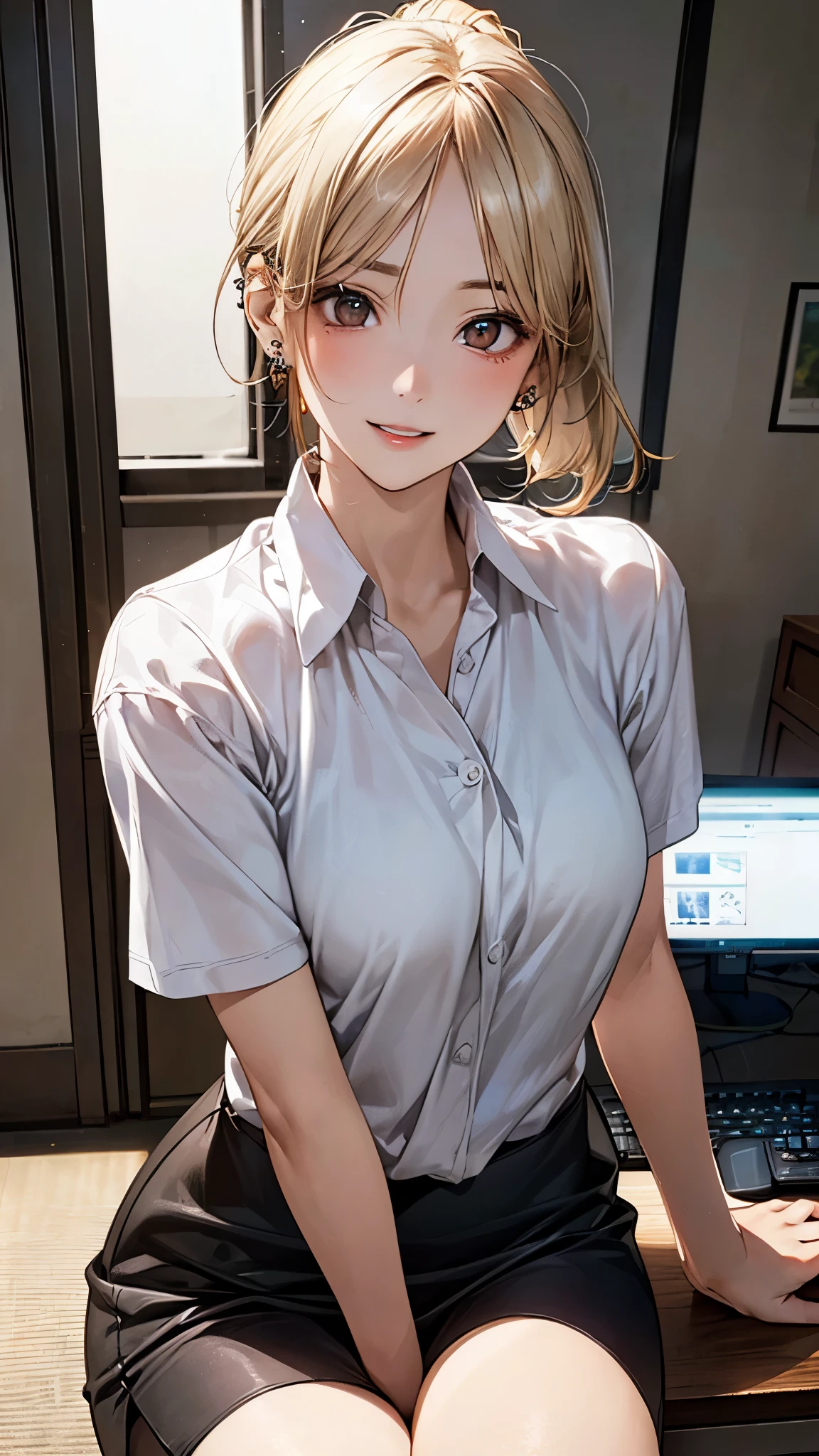 (masterpiece:1.2, top-quality), (realistic, photorealistic:1.4), beautiful illustration, (natural side lighting, movie lighting),
looking at viewer, (breast focus), (from above:1.1), close up, 1 woman, japanese, 20 years old, high school teacher, perfect face, cute and symmetrical face, shiny skin, babyface,
(short hair, ponytail, sidelocks, ash blonde hair), parted bangs:0.2, gold eyes, drooping eyes, big eyes, (middle breasts, seductive thighs, big ass), piercings,
beautiful hair, beautiful face, beautiful detailed eyes, beautiful clavicle, beautiful body, beautiful chest, beautiful thigh, beautiful legs, beautiful fingers,
(black tight skirt, short sleeve white collared shirt),
(beautiful scenery), summer, evening, (computer office:1.2), sitting chair, (lovely smile, upper eyes, parted lips),