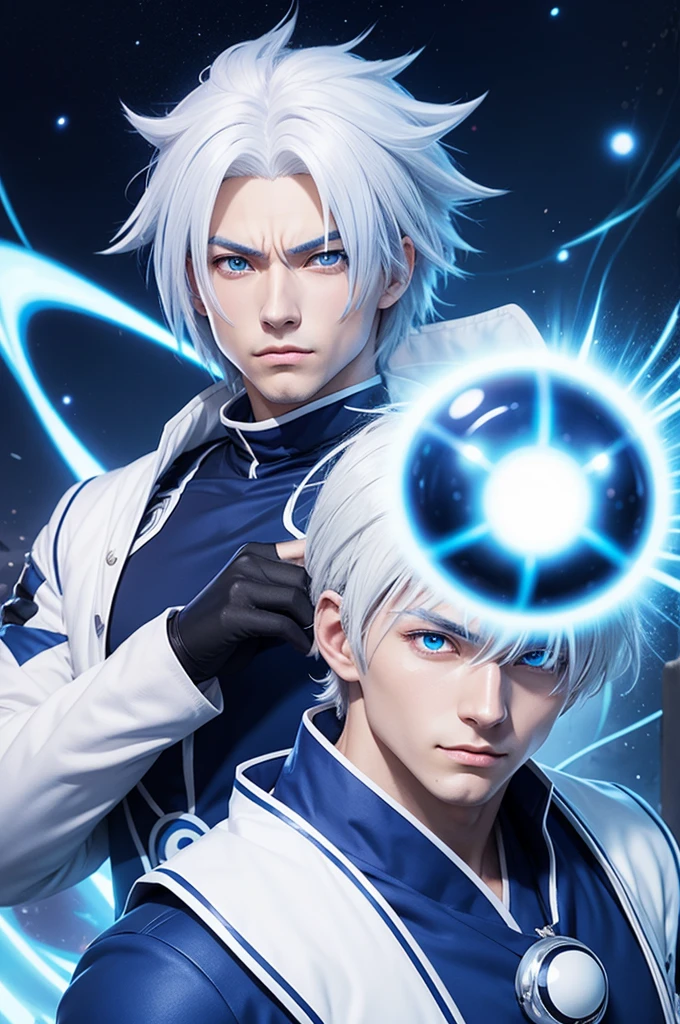 In anime style, make a man character with blue eyes and white hair with an energy ball on one side and a blue ball on the other side