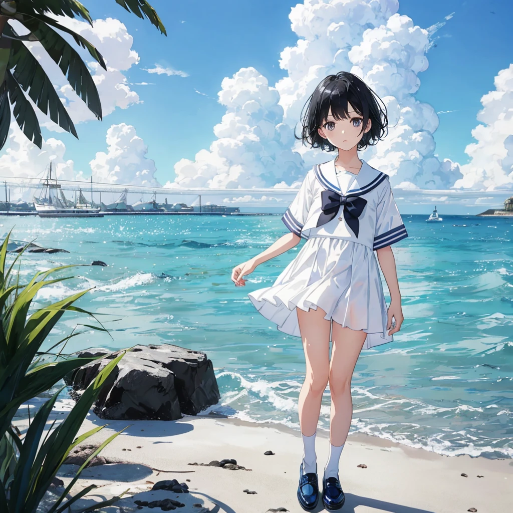 Highest quality, 8-year-old, Short black hair, Iris, White semi-transparent sailor suit, Blue clothes, (White thighs), Black shoes, blue sky, View your viewers, Seaside