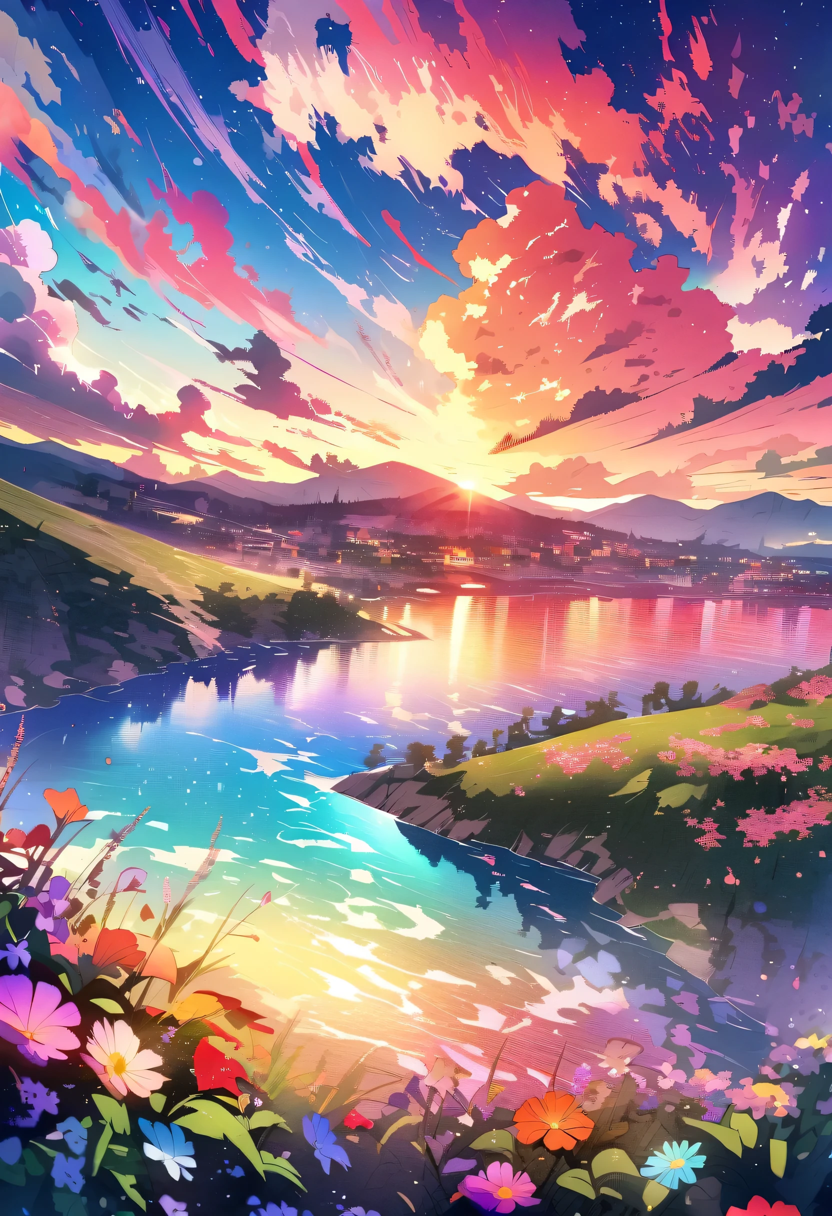 Have a beautiful sunset, The hills are covered with flowers and plants., The flowers are approaching, Colorful sky, Surreal colors, Colorful sunset, Colorful sky, Beautiful sky reflection, Beautiful sky, Fantastic atmosphere 8K, Multicolored clouds, Colored reflections on the lake, Unreal sky, Red and blue reflections, Fire Reflection, Beautiful sky, Beautiful and spectacular sunset, Beautiful dream landscape, Beautiful sky