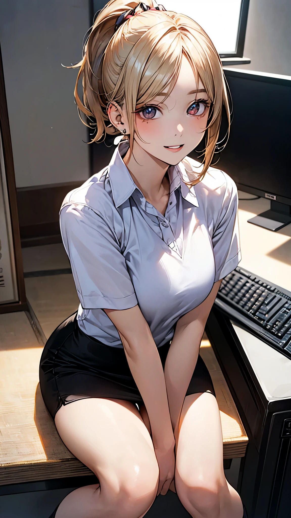 (masterpiece:1.2, top-quality), (realistic, photorealistic:1.4), beautiful illustration, (natural side lighting, movie lighting),
looking at viewer, (breast focus), (from above:1.1), close up, 1 woman, japanese, 20 years old, high school teacher, perfect face, cute and symmetrical face, shiny skin, babyface,
(short hair, ponytail, sidelocks, ash blonde hair), parted bangs:0.2, gold eyes, drooping eyes, big eyes, (middle breasts, seductive thighs, big ass), piercings,
beautiful hair, beautiful face, beautiful detailed eyes, beautiful clavicle, beautiful body, beautiful chest, beautiful thigh, beautiful legs, beautiful fingers,
(black tight skirt, short sleeve white collared shirt),
(beautiful scenery), summer, evening, (computer office:1.2), sitting chair, (lovely smile, upper eyes, parted lips),